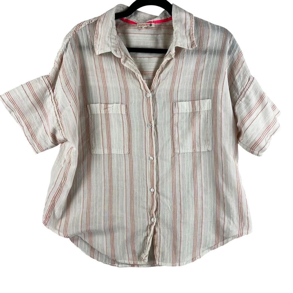 Sundry WMNS Short Sleeve Button-Down Shirt Size 1 (SM) Cream Red Striped Cotton
